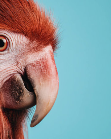 Close up of a vibrant red parrot against a light blue background, showcasing its detailed feathers, colorful beak, and expressive eyesの素材