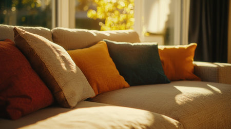 Cozy living room with colorful pillows on a sofa illuminated by natural sunlight, showcasing a warm and inviting atmosphere perfect for relaxationの素材