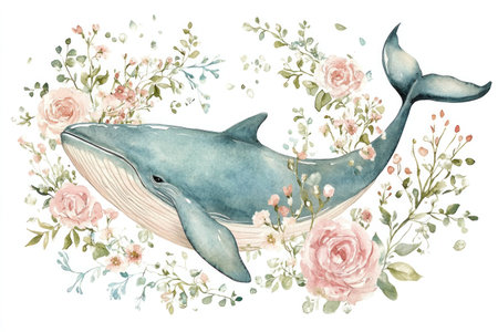 Watercolor illustration of a whale surrounded by delicate pink roses and greenery, embodying a serene oceanic theme, ideal for nature lovers and marine conservationの素材