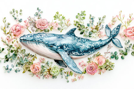 A beautiful watercolor illustration of a whale surrounded by delicate pink roses and green foliage, symbolizing marine life and the importance of ocean conservationの素材