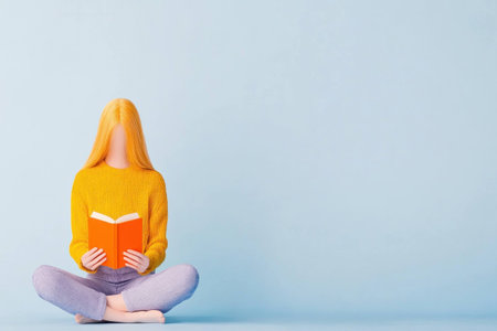 Young woman reading a book in a bright yellow sweater against a soft blue background, conveying tranquility and focus in a contemporary styleの素材