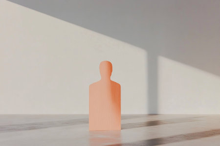 Minimalist silhouette of a person in a bright room, evoking feelings of solitude, introspection, and simplicity in a clean, modern designの素材