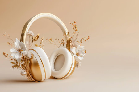 Elegant white and gold headphones adorned with delicate flowers, creating a serene and stylish atmosphere perfect for music lovers and floral aestheticの素材