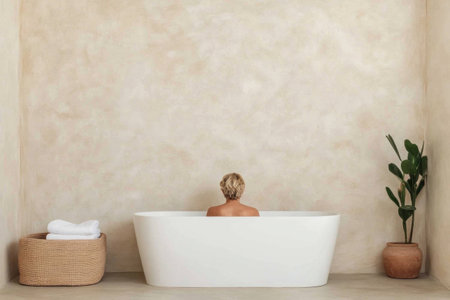 Relaxing woman in a modern bathing room, enjoying tranquility and self care in a minimalist bathtub, conveying serenity and peaceの素材