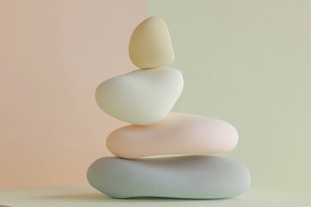 A minimalist arrangement of pastel stones symbolizing balance and harmony, featuring soft colors and smooth textures, perfect for wellness and tranquility themesの素材