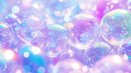 Dreamy iridescent bubbles on a pastel background, capturing a whimsical and uplifting atmosphere with soft colors and gentle reflectionsの素材