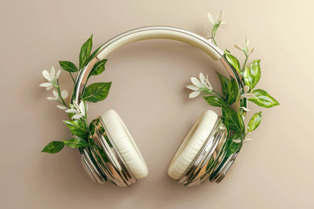 Stylish white headphones adorned with green leaves, blending technology and nature, perfect for a modern, eco friendly lifestyle and music loversの素材