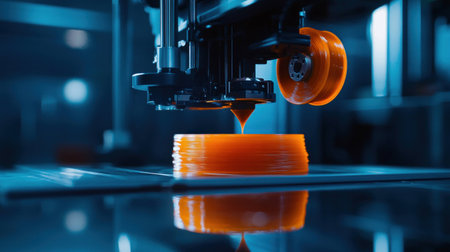 High tech D printer in action creating a vibrant orange object on a sleek surface with a modern industrial background, showcasing innovation and creativityの素材
