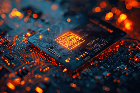 Close up of an illuminated microchip on a dark circuit board with a vibrant orange glow, highlighting technology themes and innovationの素材