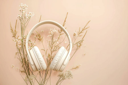 White headphones surrounded by delicate dried flowers on a soft pink background, evoking calmness and serenity in a modern, minimalist aestheticの素材