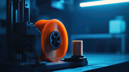 Orange filament spool for D printing on a sleek industrial table under blue lighting, showcasing modern technology and creativityの素材