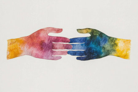 Colorful watercolor hands reaching out symbolizing connection and diversity with vibrant shades across different skin tones, ideal for concepts of unity and acceptanceの素材