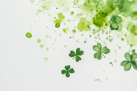 Green watercolor clovers on a white background symbolize good luck, nature, and freshness, perfect for seasonal designs and celebrationsの素材