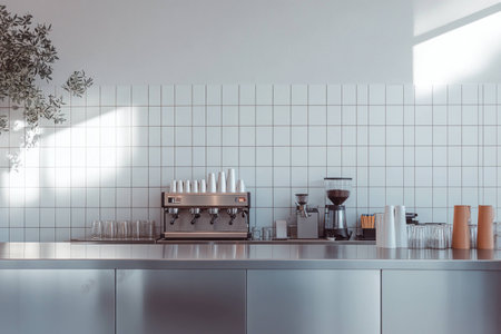 Minimalist coffee shop interior with an espresso machine, featuring cups and utensils in a modern, bright setting, perfect for coffee enthusiasts and baristasの素材