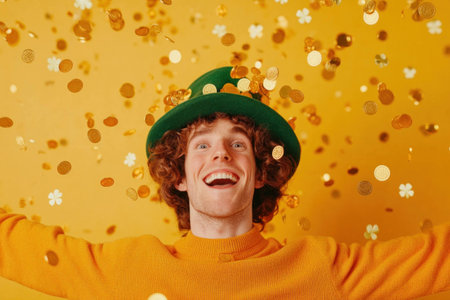 Joyful young man celebrating with a green hat, surrounded by golden confetti on a bright yellow background, embodying happiness and festive spiritの素材