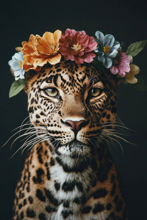 A majestic leopard adorned with a floral crown, featuring vibrant blossoms, showcasing a powerful expression against a dark background, perfect for wildlife and nature themesの素材