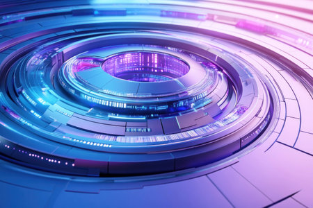 Futuristic digital circular interface with vibrant purple and blue lights and intricate details, representing advanced technology and modern designの素材