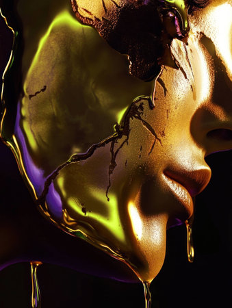 Abstract portrait of a model with metallic golden and purple liquid dripping, showcasing a blend of colors, emotions, and textures that evoke luxury and modernityの素材