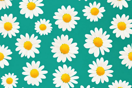 Bright and cheerful daisies on a vibrant teal background, perfect for spring themes, nature concepts, and floral designs to evoke feelings of joy and freshnessの素材