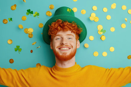 Cheerful red haired man in a green hat celebrating with gold coins and shamrocks on a vibrant turquoise background Ideal for St Patrick s Day promotionsの素材