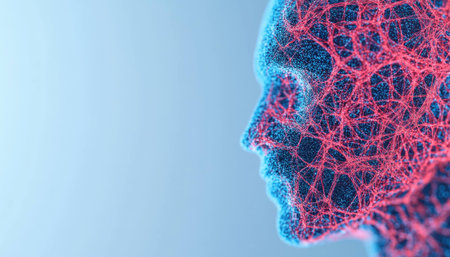 Abstract representation of human emotions in vibrant blue and red wireframe, symbolizing mental health and emotional expressionの素材