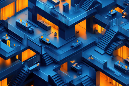 Abstract blue and orange architectural illustration depicting a complex, modern office layout with intricate staircases and glowing windowsの素材
