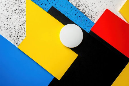 Abstract composition with geometric shapes in vibrant colors, featuring black, yellow, red, blue, and white textured papers, ideal for modern design projectsの素材