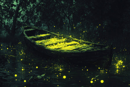 Enchanted boat on a moonlit lake surrounded by glowing fireflies, creating a magical and serene atmosphere with vibrant yellow green hues and soft reflectionsの素材