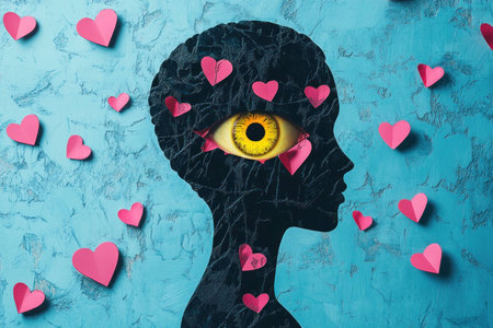 Artistic silhouette of a female face with a yellow eye, surrounded by pink hearts on a textured blue background, symbolizing love and emotionsの素材