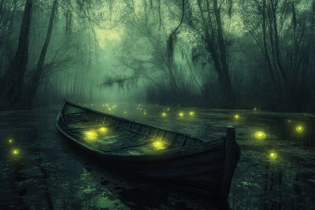 A serene boat floating in a mysterious forest with glowing fireflies, creating a magical atmosphere at twilight in deep green tonesの素材