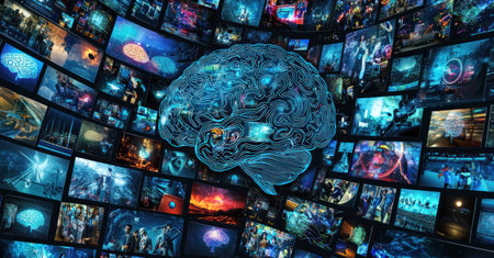 Futuristic digital brain concept surrounded by vibrant technology images reflecting innovation, creativity, and intelligence in a blue color paletteの素材