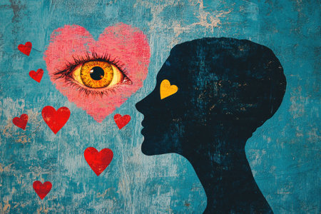 Silhouette of a human head in profile with a prominent eye and colorful hearts, representing love and emotions on a textured blue backgroundの素材