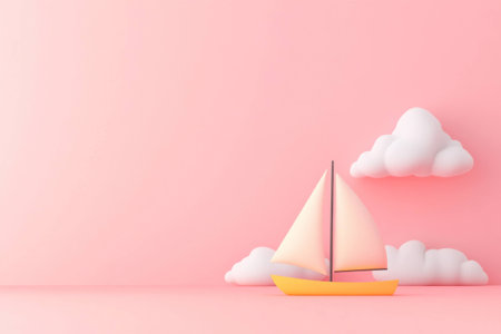 Minimalist D illustration of a sailboat on a soft pink background, featuring fluffy clouds, ideal for concepts of tranquility and travelの素材