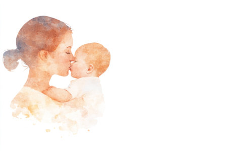 Tender moment of a mother kissing her baby, showcasing love and affection in a soft watercolor illustrationの素材