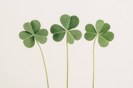 Three vibrant green clovers on a light background, symbolizing luck and nature, perfect for St Patrick s Day and eco friendly themesの素材