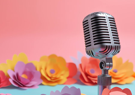 Vintage microphone surrounded by colorful paper flowers, creating a joyful atmosphere for music and celebration Perfect for events and performancesの素材