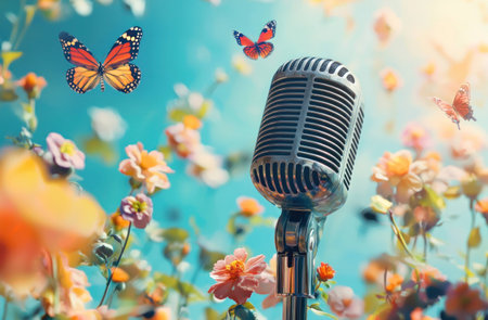 Vintage microphone surrounded by colorful flowers and butterflies, symbolizing music, nature, and creativity in a vibrant outdoor settingの素材
