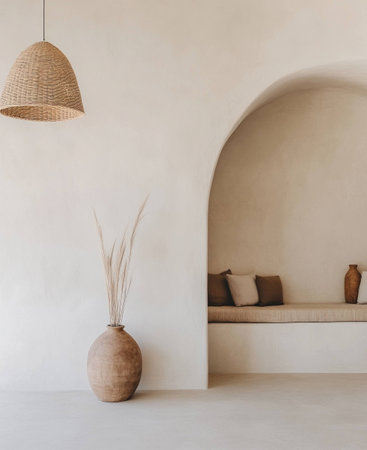 Minimalist interior design featuring a neutral color palette, decorative pottery, and natural elements for a serene atmosphereの素材
