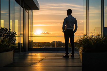 A businessman in a formal outfit stands on a balcony at sunset, reflecting on his journey Professional attire, sunset, urban mood, personal growth, and ambitionの素材