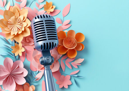 Vintage microphone surrounded by colorful paper flowers, perfect for music themed events and cheerful designs, showcasing creativity and spring vibesの素材