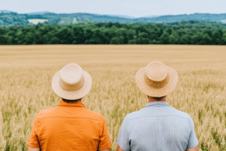 Two friends enjoying a sunny day in a golden wheat field, wearing straw hats, conveying a sense of friendship and outdoor leisure in a tranquil summer landscapeの素材