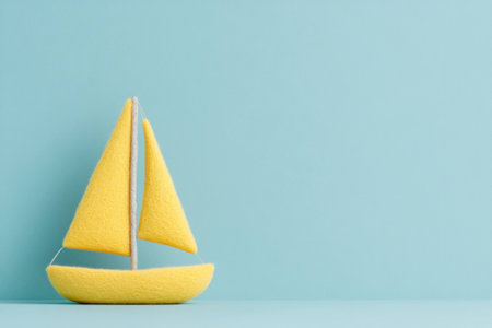 Yellow sailboat decoration on a teal background, perfect for summer themes, coastal decor, and nautical inspiration with a vibrant color paletteの素材
