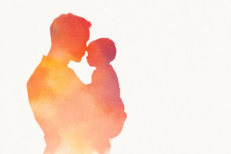 Silhouette of a father holding his child against a vibrant orange and yellow watercolor background, symbolizing love, warmth, and family bonding during golden hourの素材