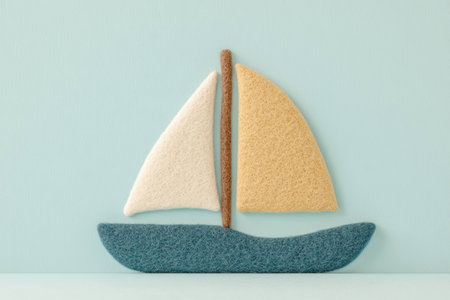 Felt sailboat decoration on a pastel background, showcasing soft textures and calming colors, perfect for nautical themed decor and children s roomsの素材