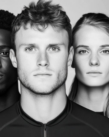 Black and white portrait of three diverse models showcasing emotions of confidence and determination, wearing modern athletic attireの素材