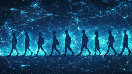Silhouettes of diverse individuals walking in a digital landscape with glowing connections, representing teamwork, progress, and technologyの素材