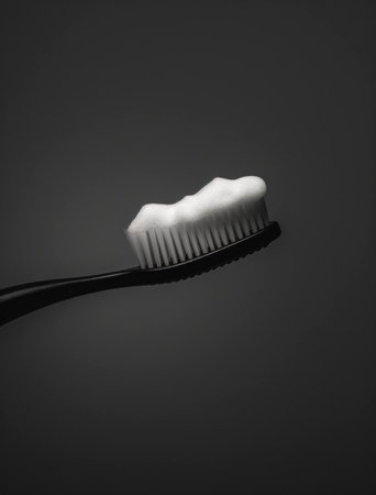 Close up of a black toothbrush with foamy toothpaste on a dark background, symbolizing dental hygiene and self care routines Focus on cleanliness and freshnessの素材