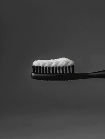 Black and white close up of a toothbrush with foamy toothpaste, emphasizing dental hygiene and oral care Modern and minimalistic style for health related contentの素材