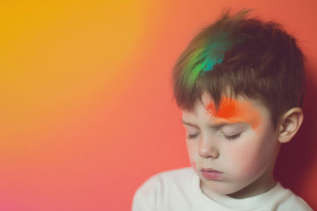 Young boy with colorful face paint against a vibrant orange background, expressing a thoughtful emotion, ideal for themes of creativity, childhood, and playfulnessの素材