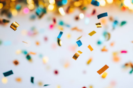 Colorful confetti falling against a soft white background, perfect for celebrations, parties, and festive events, enhancing joy and excitement in any settingの素材